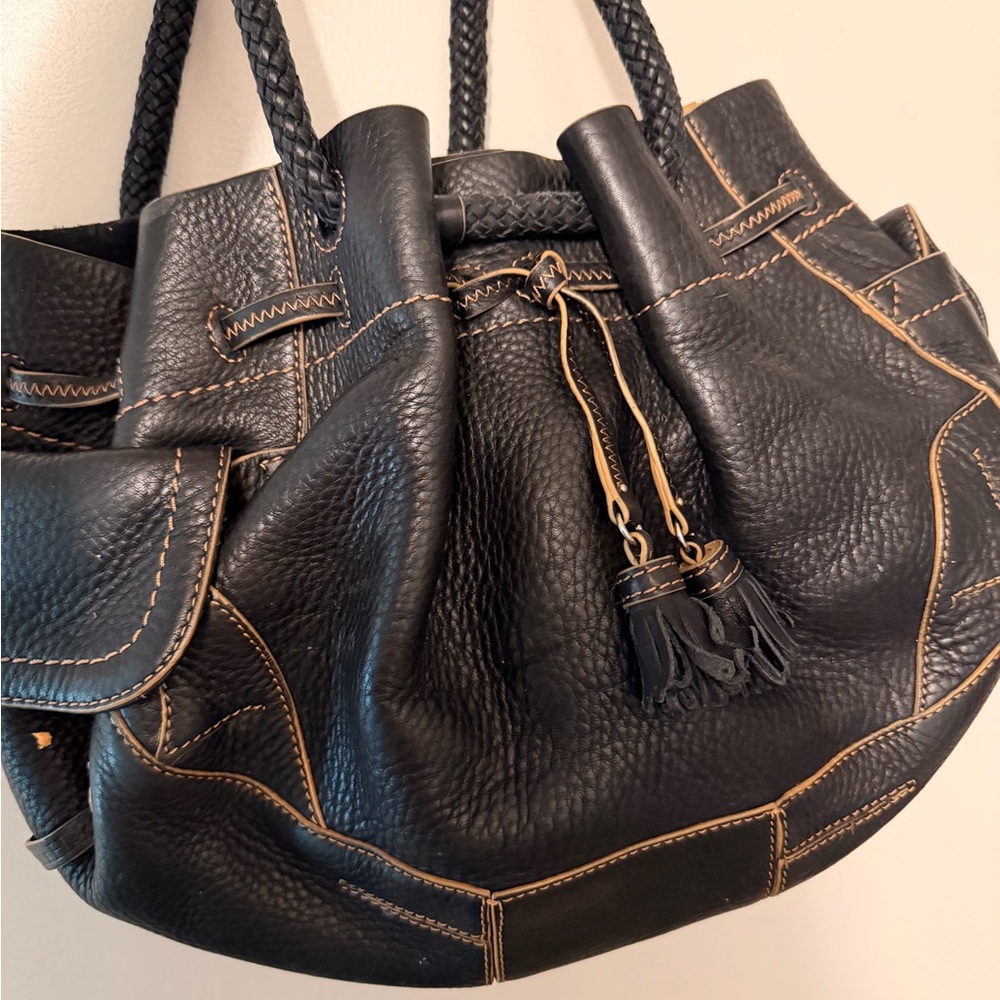 Cole Haan Black Leather Shoulder Bag with Tassels